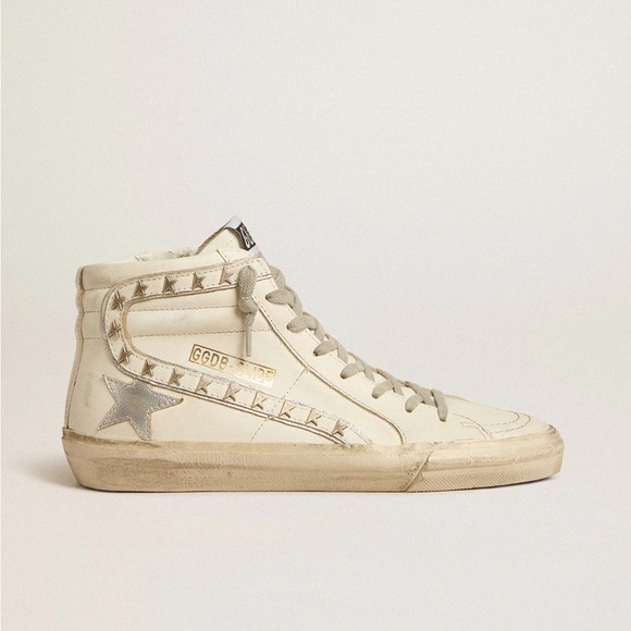 Golden Goose White Slide Silver Metallic Leather Star Flash High Top Sneakers - Picture 1 of 10
